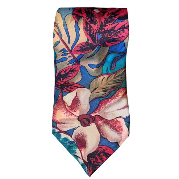 Oscar de la Renta VTG Neck Tie Tropical Floral Silk Vintage - Picture 2 of 5